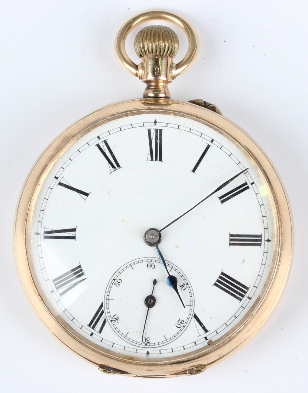 A gold cased keyless wind open-faced gentleman's pocket watch with unsigned jewelled movement, the