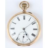 A gold cased keyless wind open-faced gentleman's pocket watch with unsigned jewelled movement, the