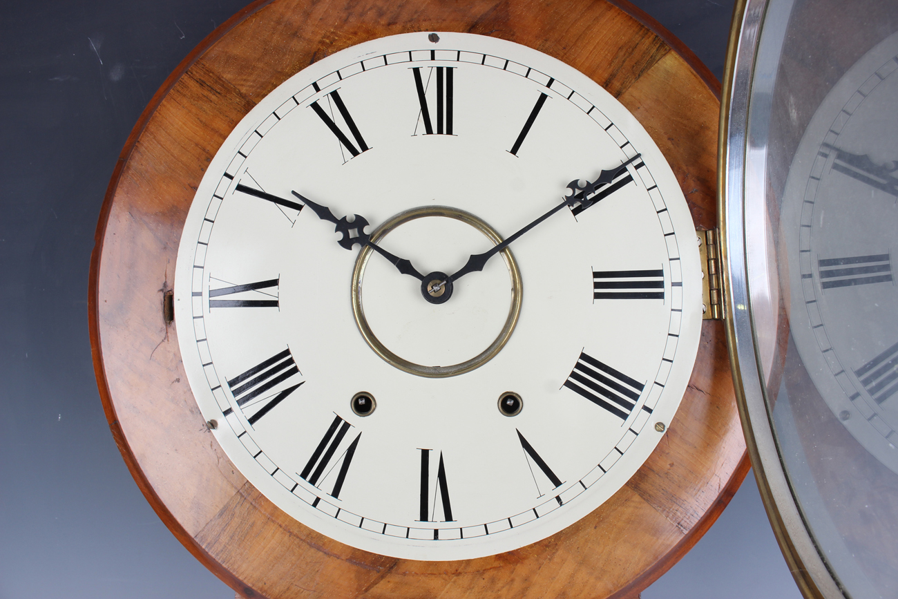 A late 19th century American walnut drop dial wall clock with eight day movement striking on a bell, - Image 4 of 4