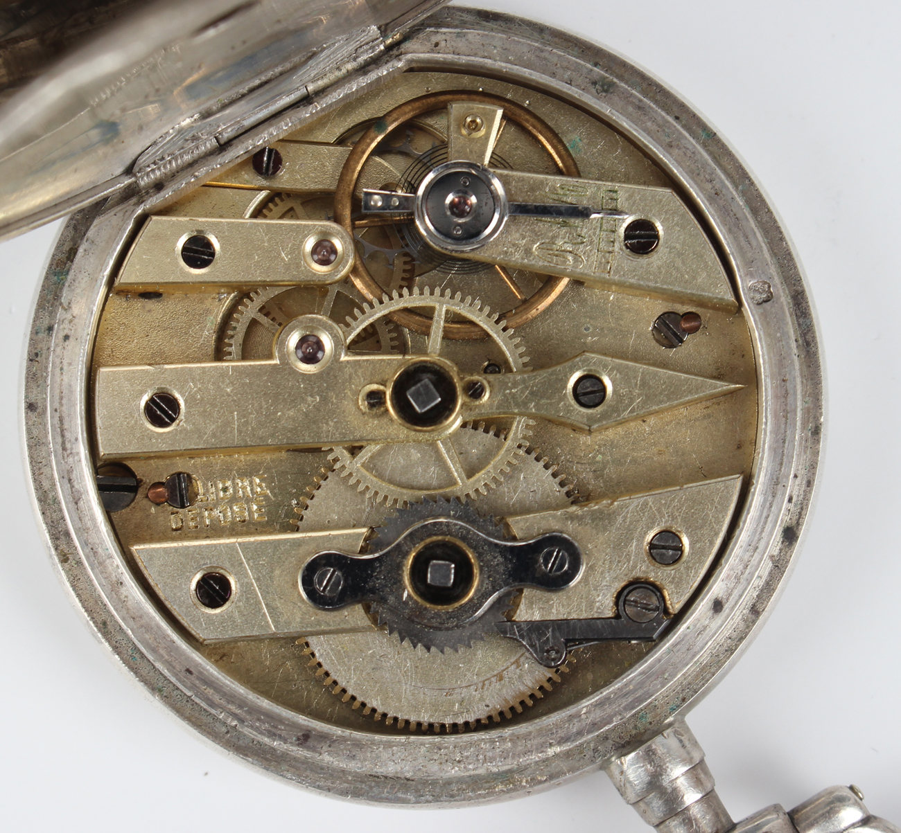 A silver keywind open-faced pocket watch with cylinder movement, the enamelled circular dial with - Image 7 of 8
