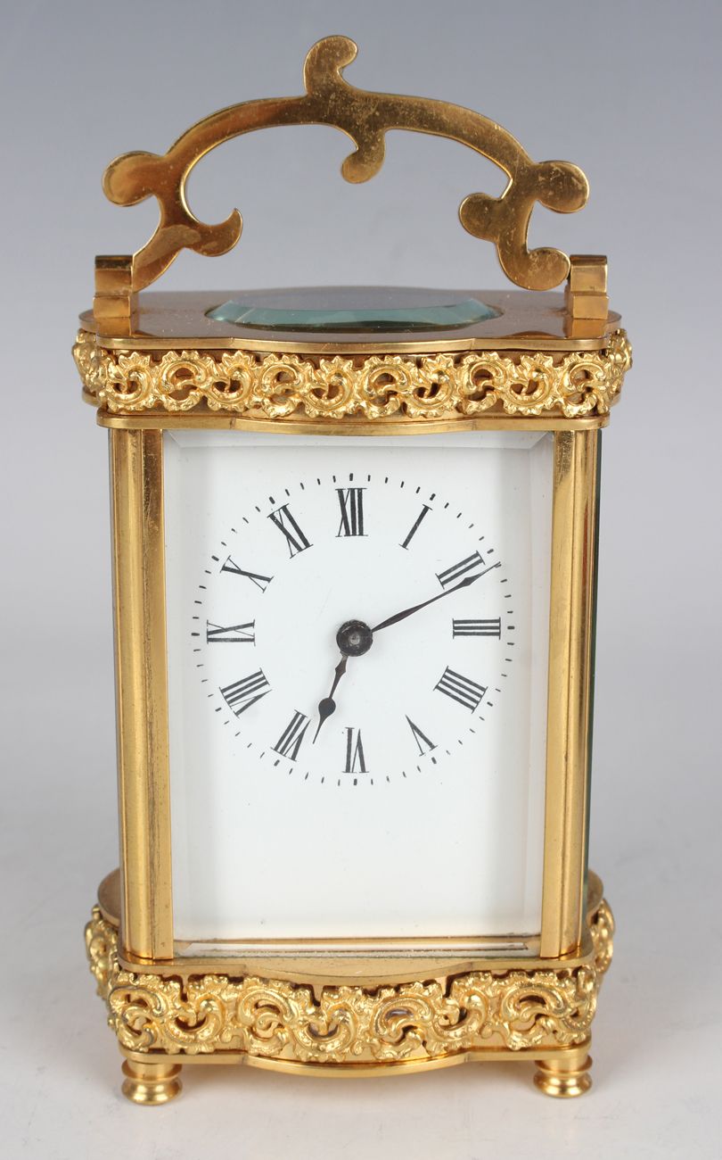 A late 19th/early 20th century French lacquered brass carriage timepiece with eight day movement, - Image 9 of 9