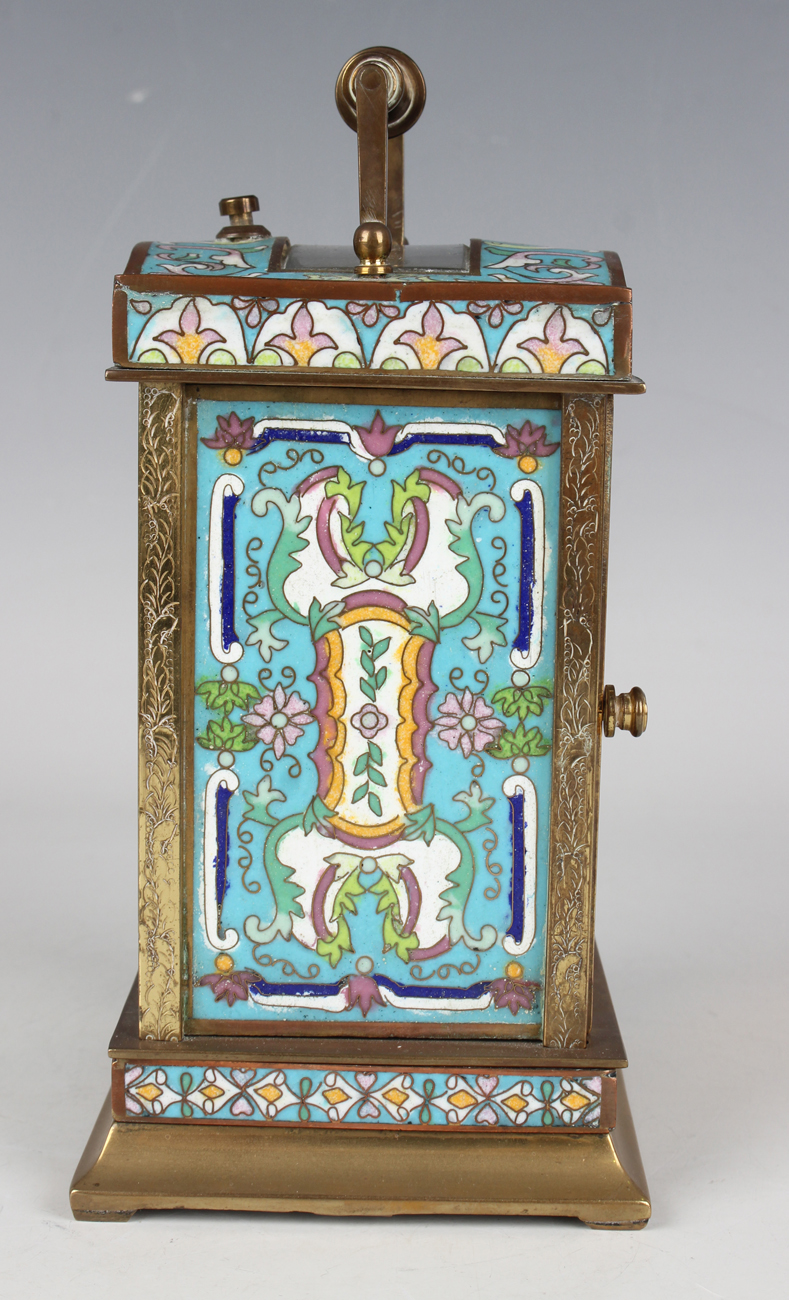 A 20th century Chinese cloisonné and brass cased carriage alarm clock, the movement striking hours - Image 5 of 9