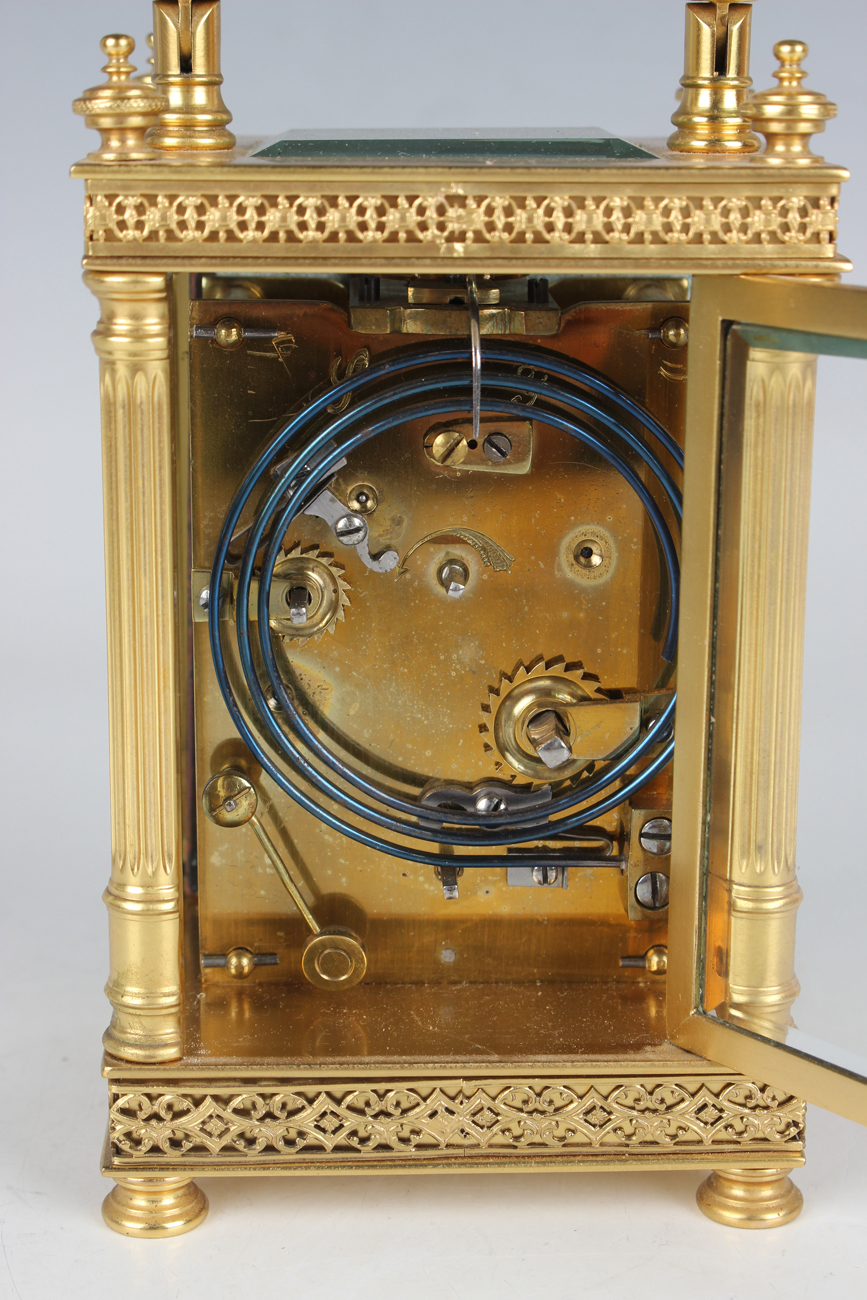 A late 19th century French gilt lacquered brass carriage alarm clock with eight day movement - Image 7 of 8
