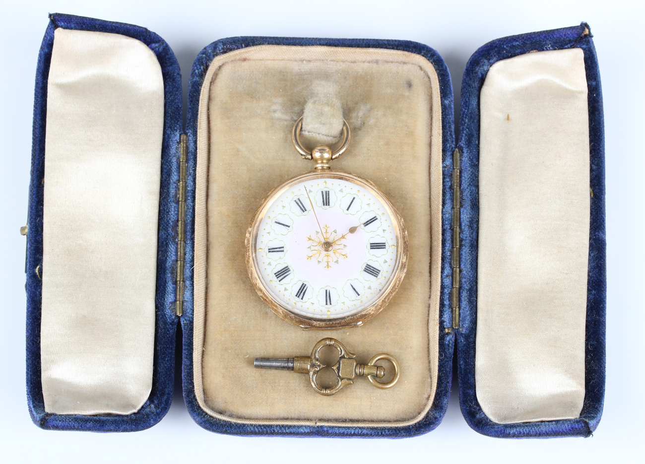 A 14ct gold keywind open-faced lady's fob watch with gilt three-quarter plate movement, the - Image 3 of 8
