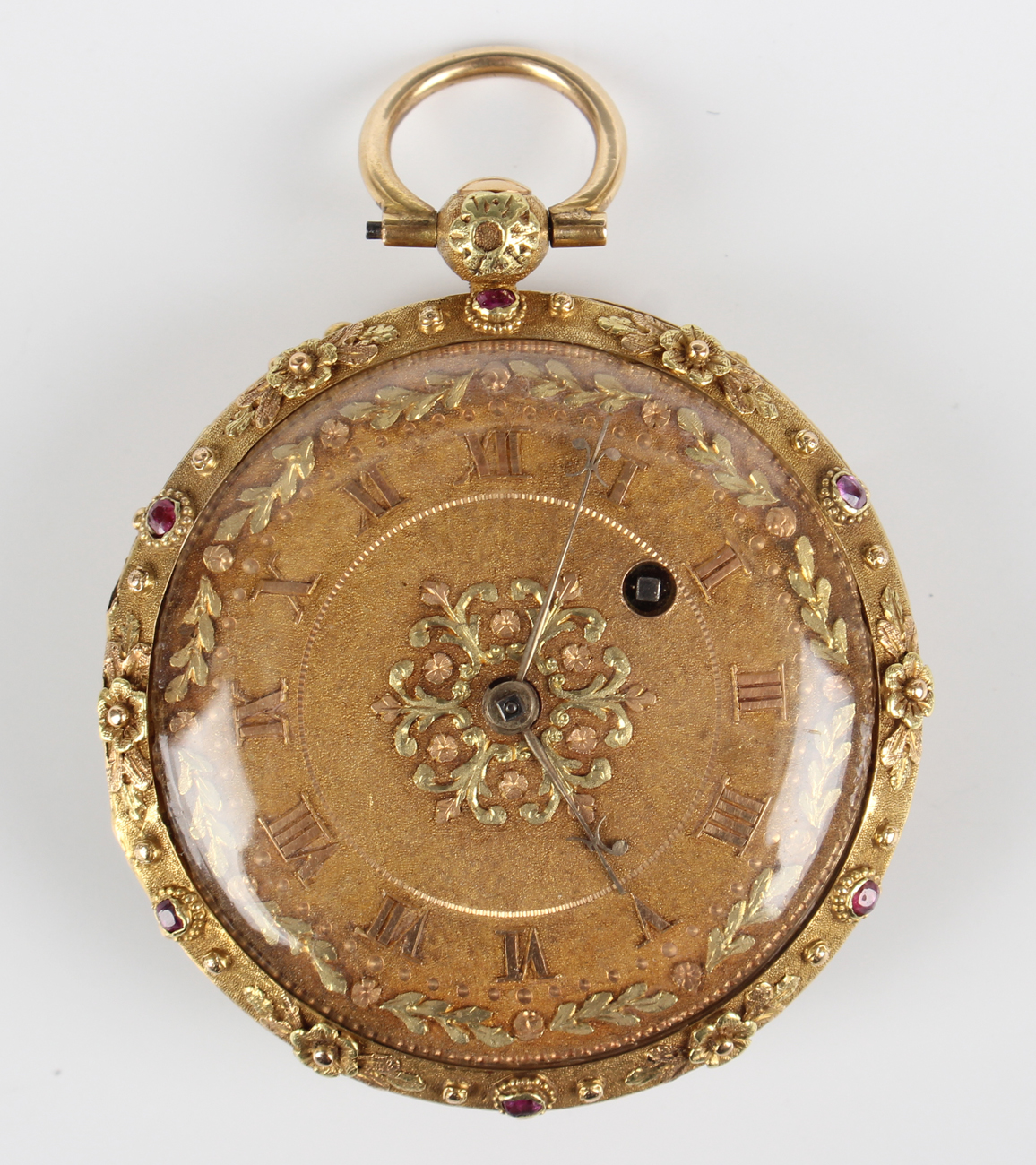 A two colour gold and ruby set keywind open-faced lady's fob watch, circa 1830, the gilt fusee