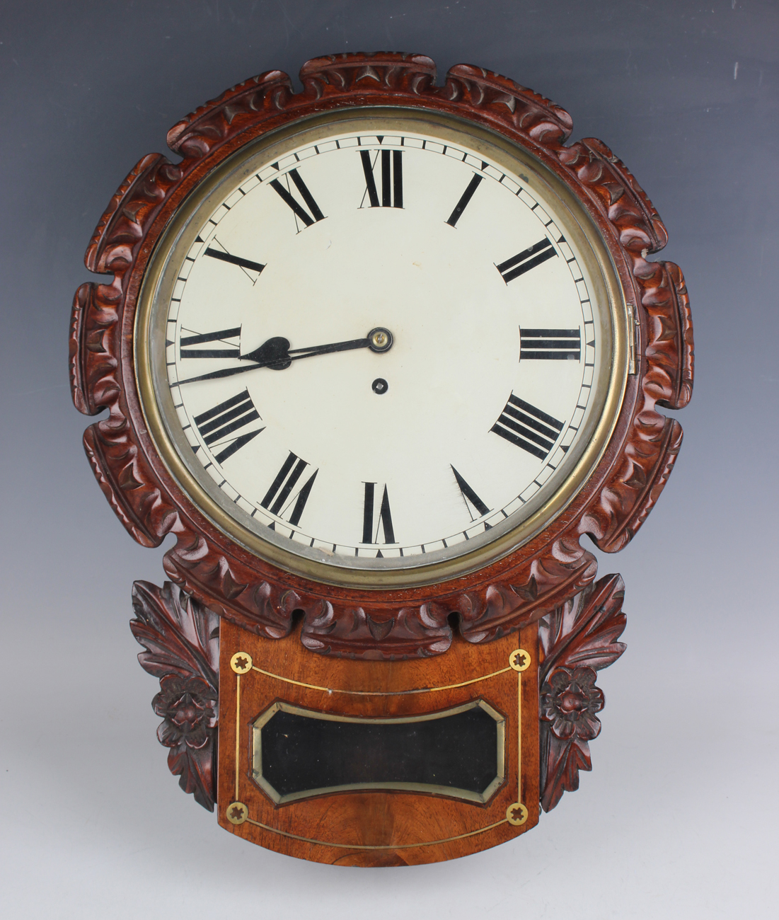 An early 19th century mahogany drop dial wall timepiece with eight day single fusee movement, the