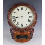 An early 19th century mahogany drop dial wall timepiece with eight day single fusee movement, the