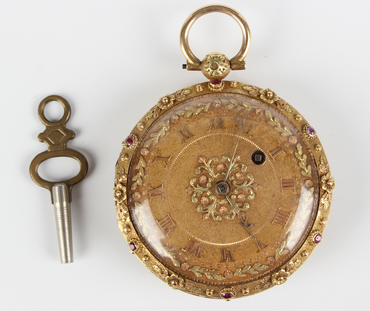 A two colour gold and ruby set keywind open-faced lady's fob watch, circa 1830, the gilt fusee - Image 2 of 8