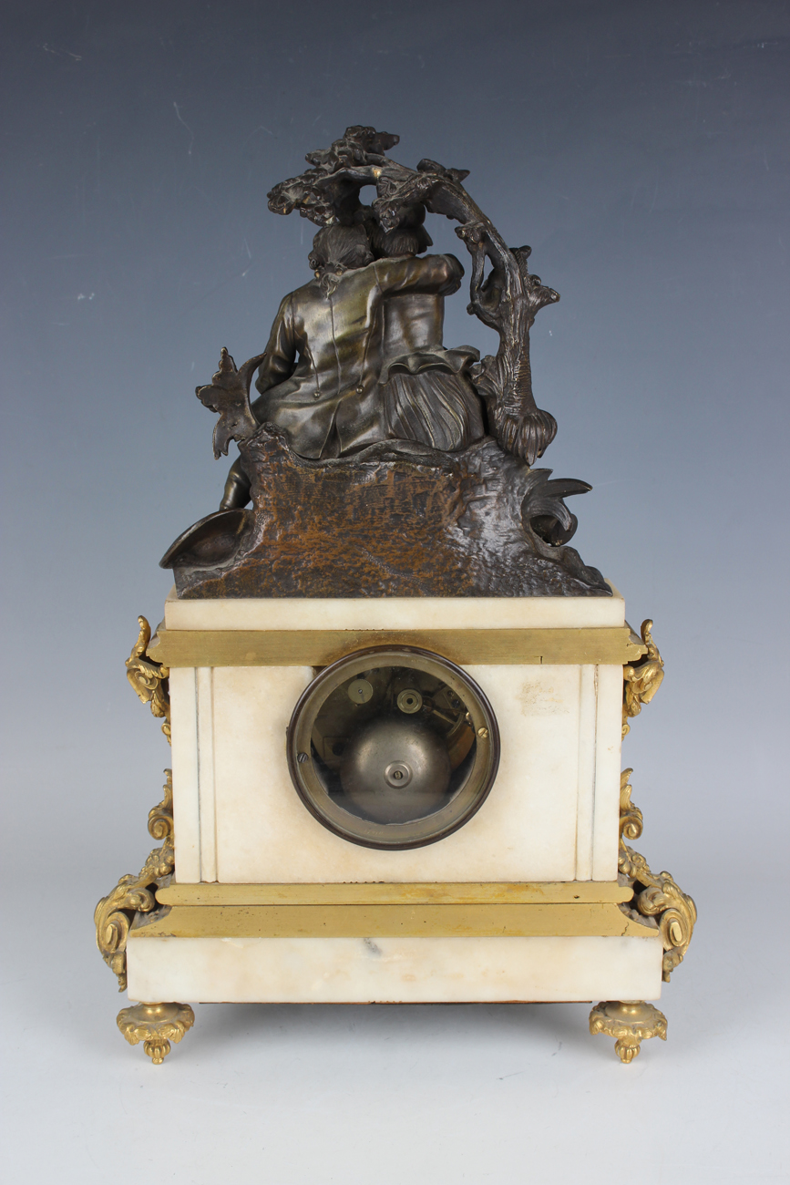 A late 19th century French brown patinated bronze, ormolu and white marble mantel clock, the eight - Image 5 of 9
