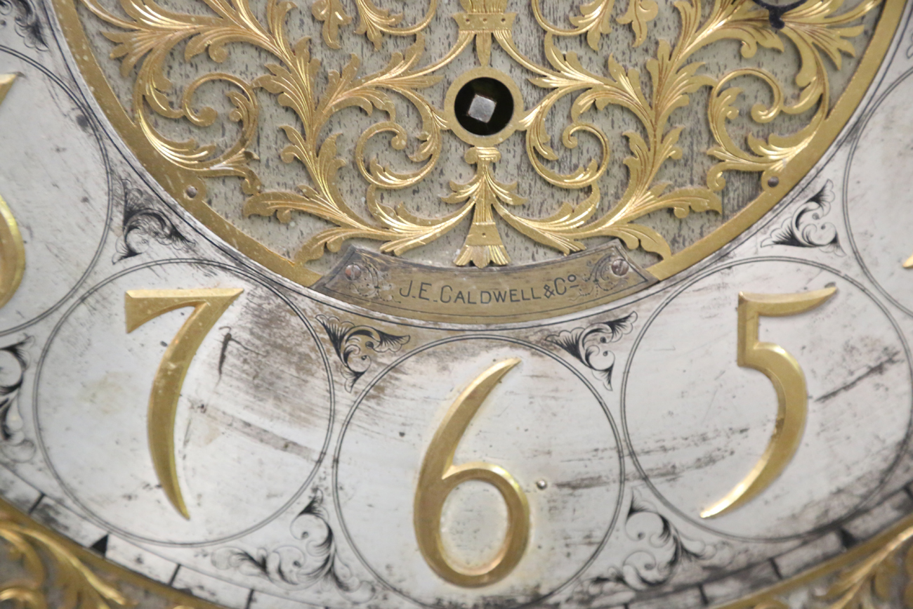 An early 20th century mahogany and glazed longcase clock, the three train movement chiming - Image 17 of 24