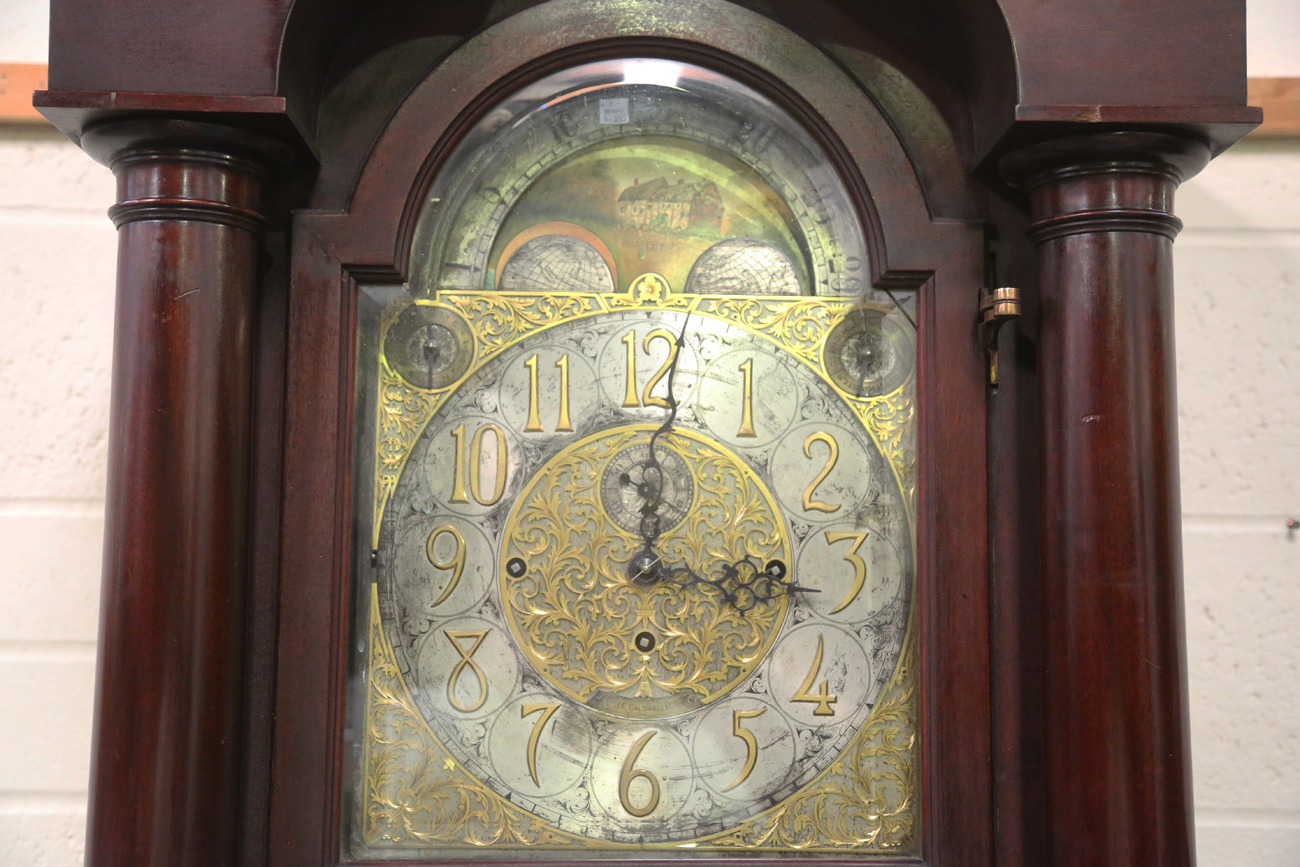 An early 20th century mahogany and glazed longcase clock, the three train movement chiming