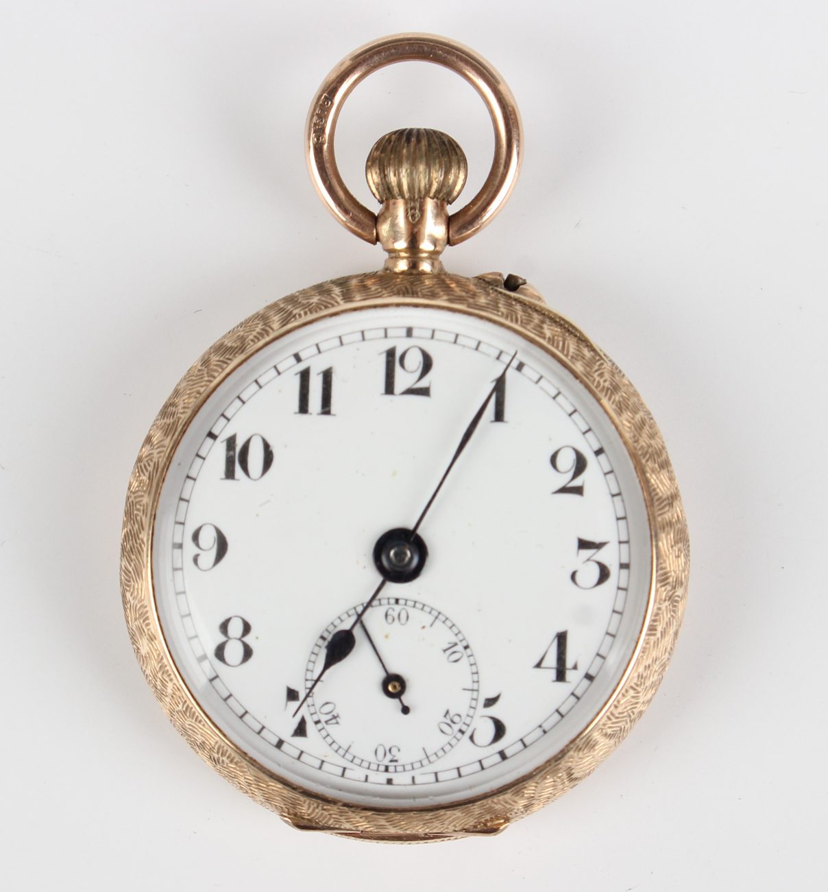 A 9ct gold keyless wind open-faced lady's fob watch with unsigned gilt movement, the enamelled