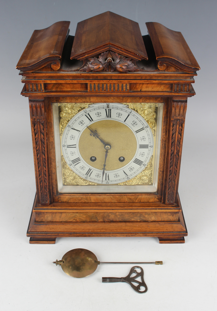 A late 19th century walnut mantel clock with Lenzkirch eight day movement striking on a gong, the - Image 2 of 8