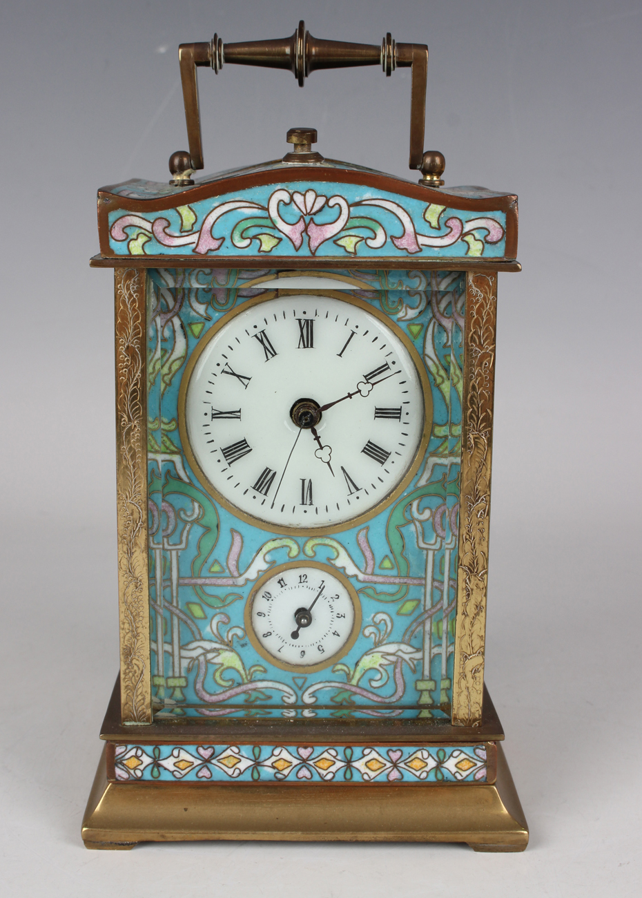 A 20th century Chinese cloisonné and brass cased carriage alarm clock, the movement striking hours