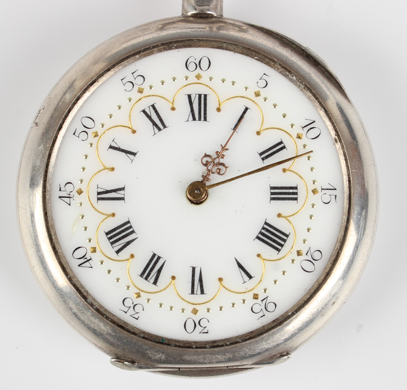 A silver keywind open-faced pocket watch with cylinder movement, the enamelled circular dial with - Image 8 of 8