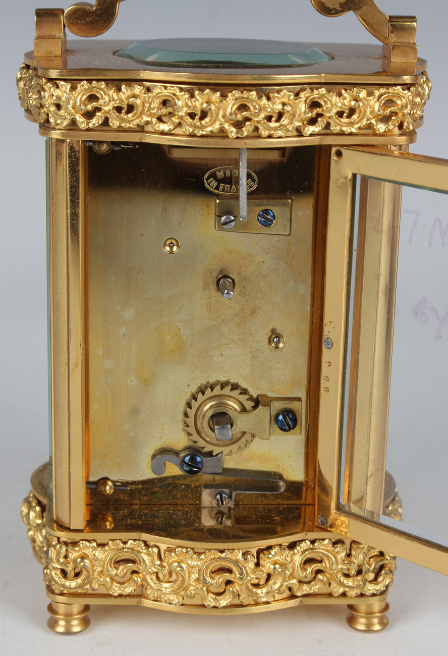 A late 19th/early 20th century French lacquered brass carriage timepiece with eight day movement, - Image 7 of 9