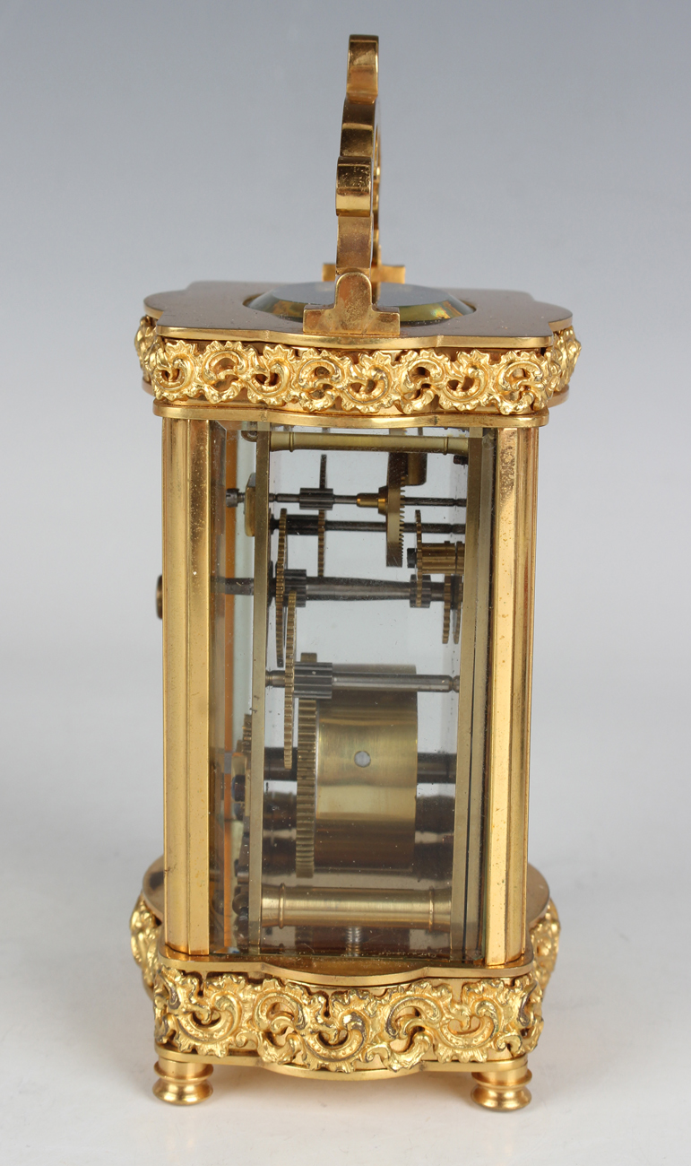 A late 19th/early 20th century French lacquered brass carriage timepiece with eight day movement, - Image 4 of 9