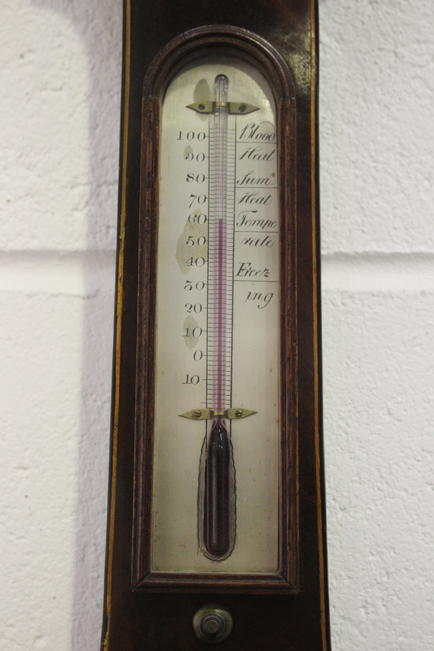 A George III mahogany wheel barometer with silvered dials, hygrometer, alcohol thermometer, convex - Image 3 of 5