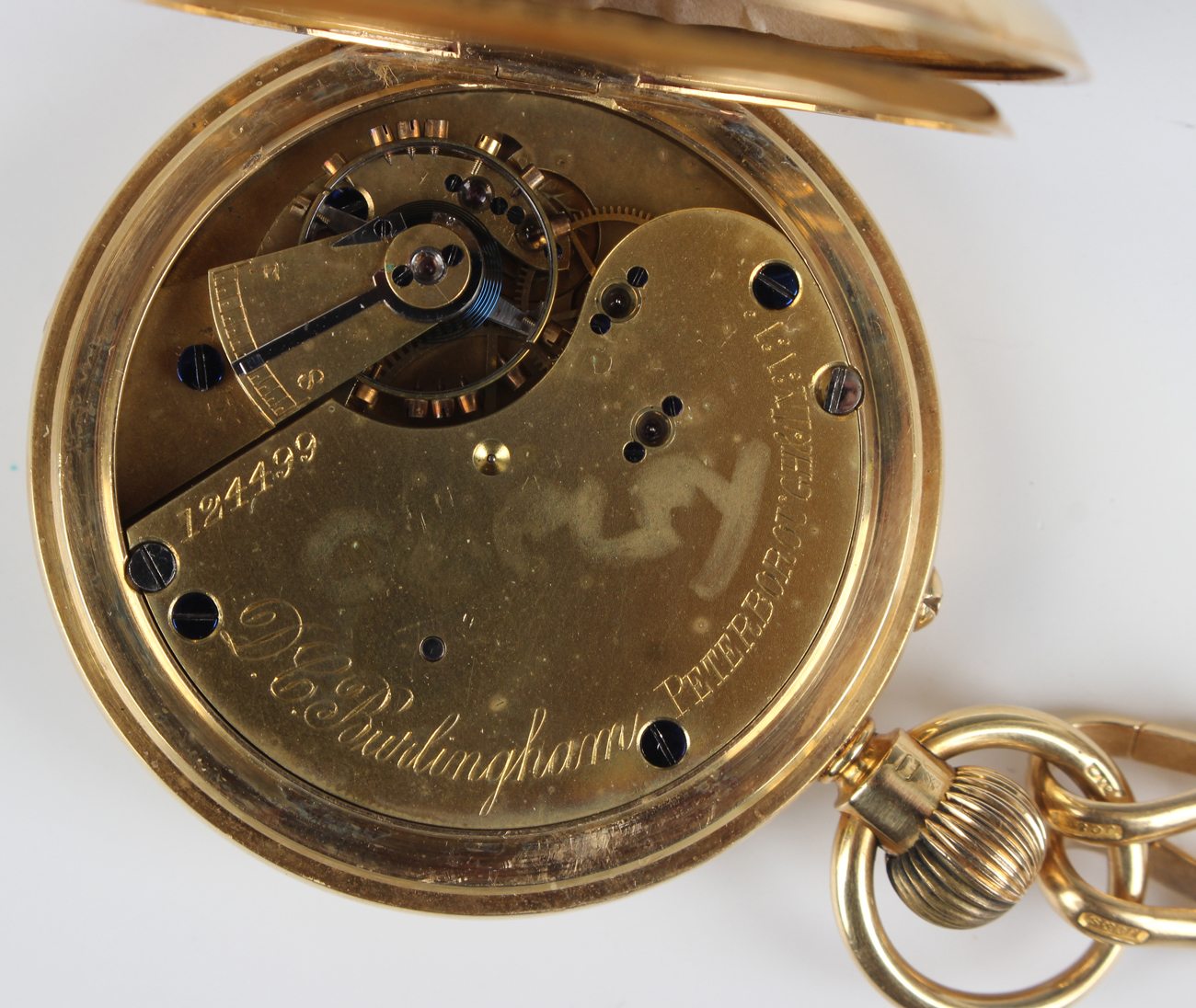 A late Victorian 18ct gold keyless wind half hunting cased gentleman's pocket watch, the gilt - Image 5 of 6