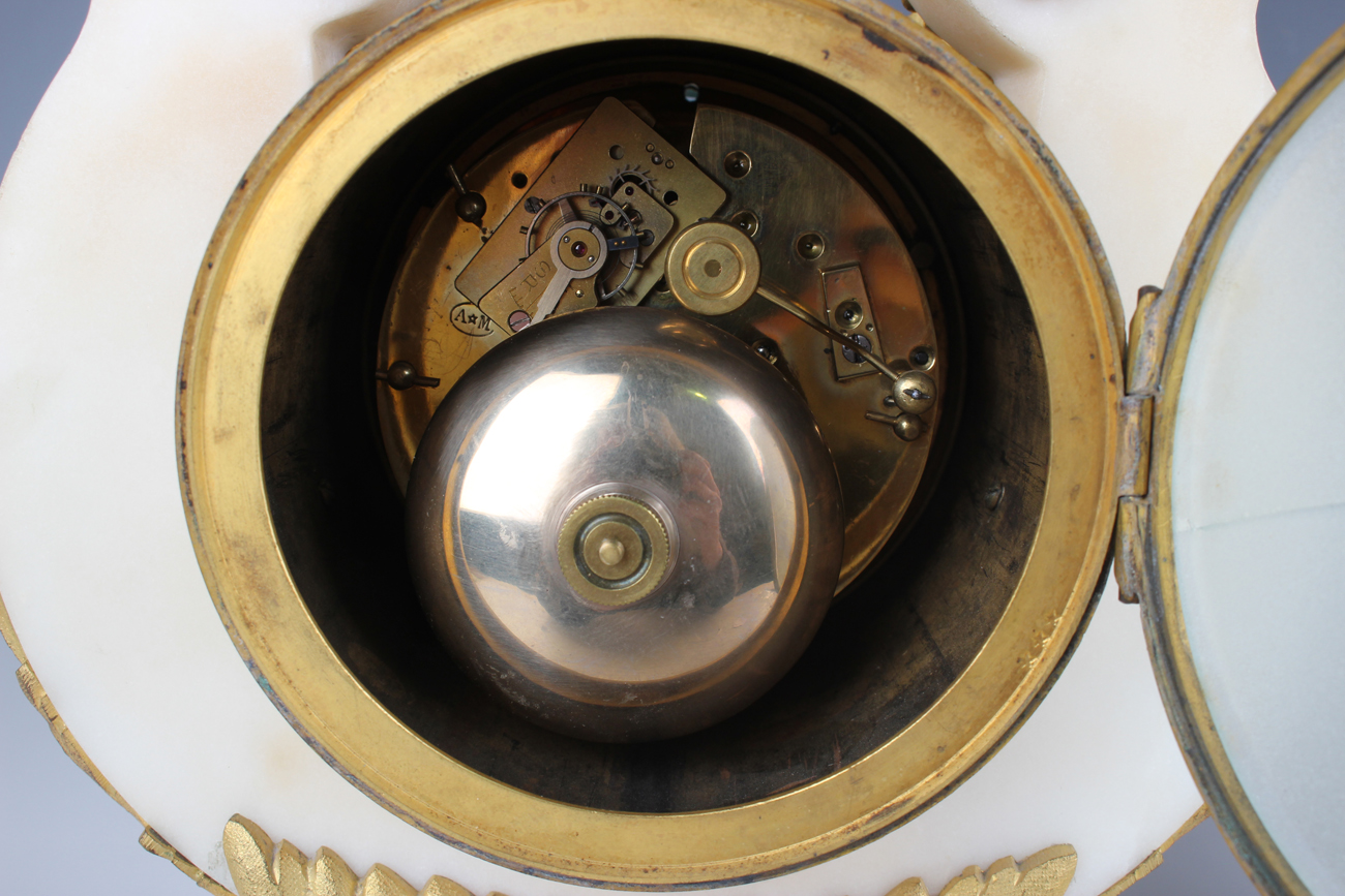 A late 19th century French ormolu mounted white marble Marie Antoinette style mantel clock and - Image 10 of 12