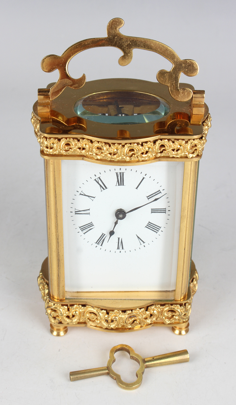 A late 19th/early 20th century French lacquered brass carriage timepiece with eight day movement, - Image 2 of 9