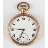 A gilt metal cased keyless wind open-faced gentleman's pocket watch with unsigned jewelled movement,