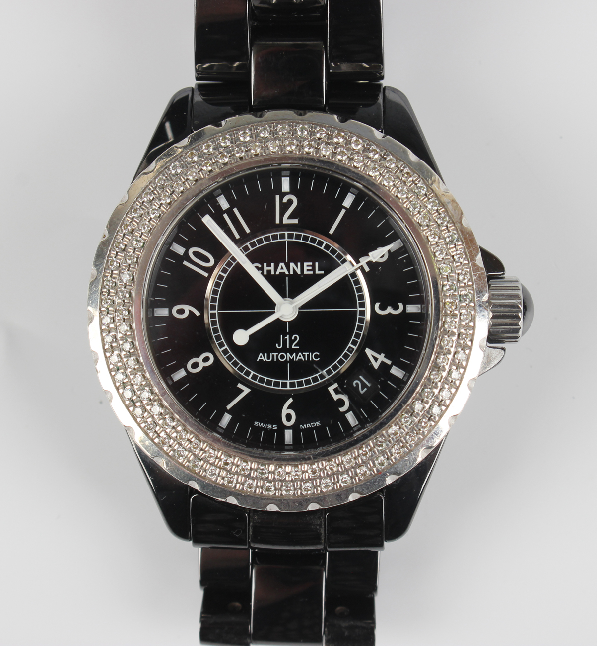 A Chanel J12 automatic black ceramic and diamond set gentleman's bracelet wristwatch, Ref. No. N.M