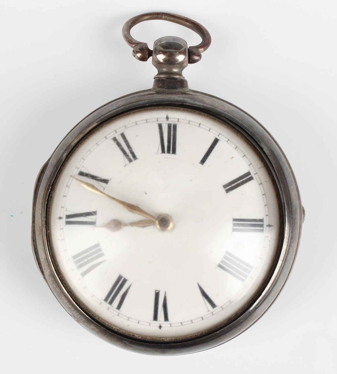 A George III silver pair cased keywind open-faced gentleman's pocket watch, the gilt fusee