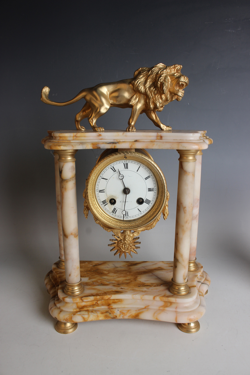 A late 19th/early 20th century gilt metal mounted marble portico clock with eight day movement - Image 10 of 10