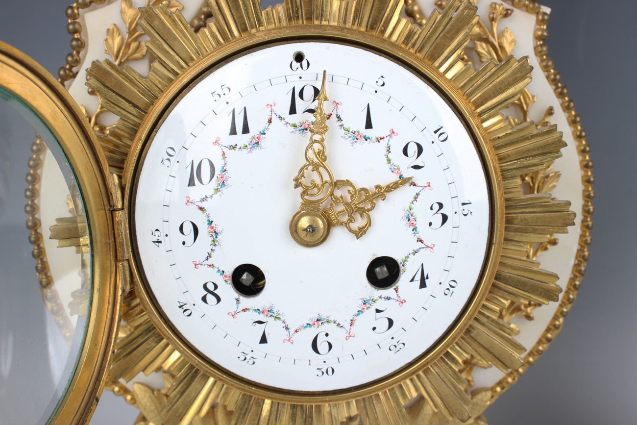 A late 19th century French ormolu mounted white marble Marie Antoinette style mantel clock and - Image 11 of 12