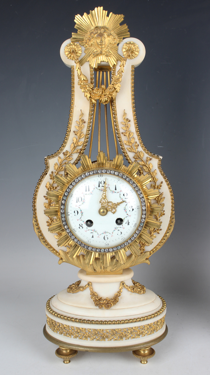 A late 19th century French ormolu mounted white marble Marie Antoinette style mantel clock and - Image 12 of 12