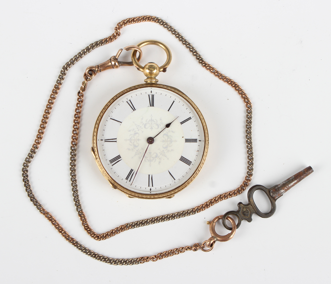 An 18ct gold keywind open-faced fob watch with unsigned jewelled gilt movement, the enamelled dial