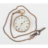 An 18ct gold keywind open-faced fob watch with unsigned jewelled gilt movement, the enamelled dial