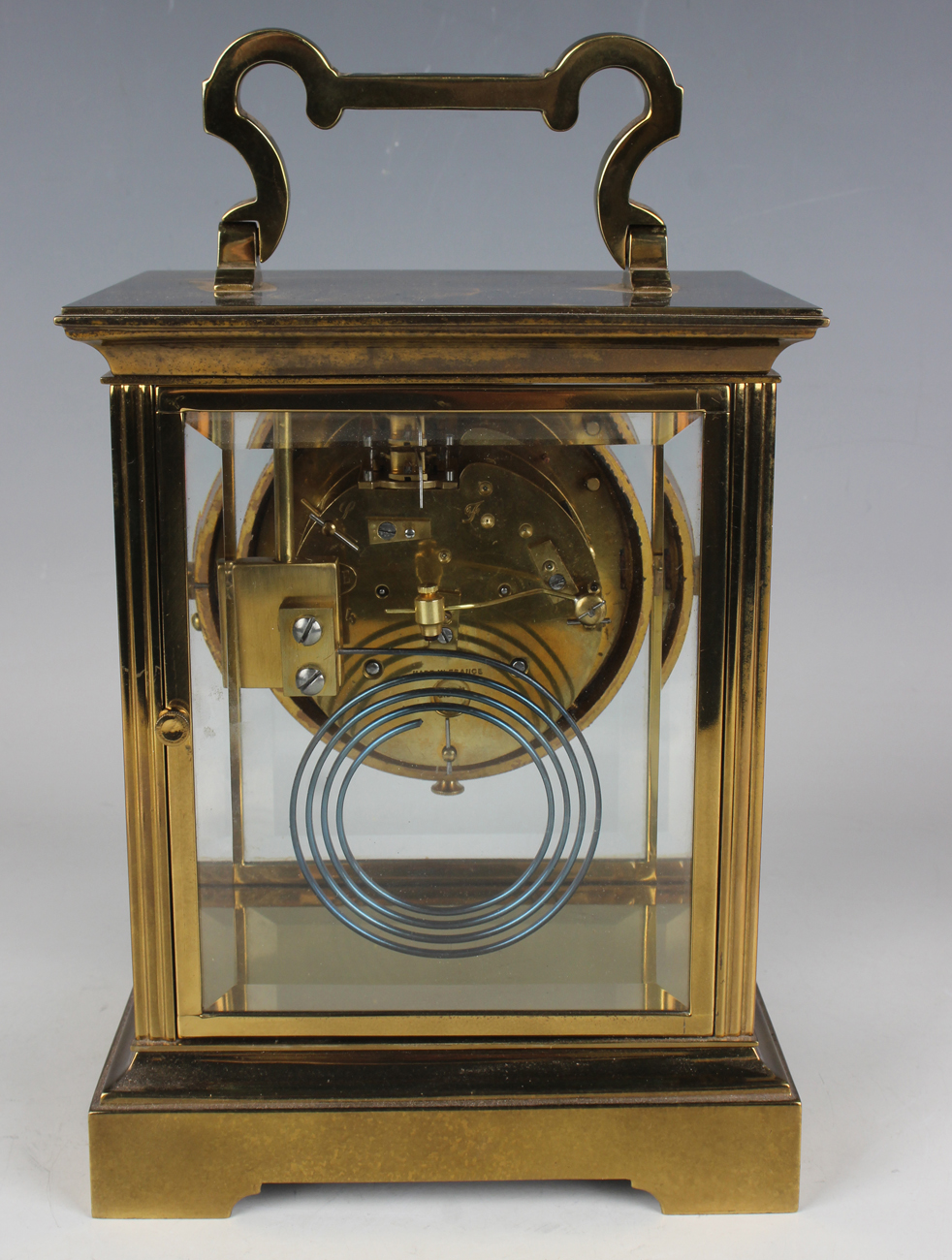 A 20th century French lacquered brass four glass mantel clock, the eight day movement with - Image 5 of 8