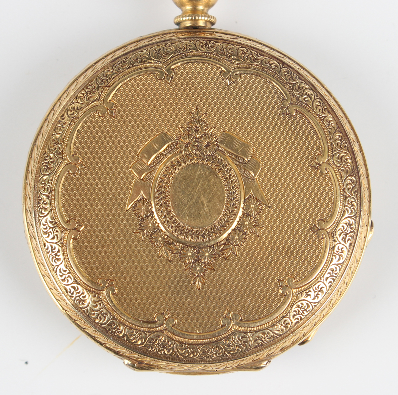 An 18ct gold keywind open-faced fob watch with unsigned jewelled gilt movement, the enamelled dial - Image 3 of 7