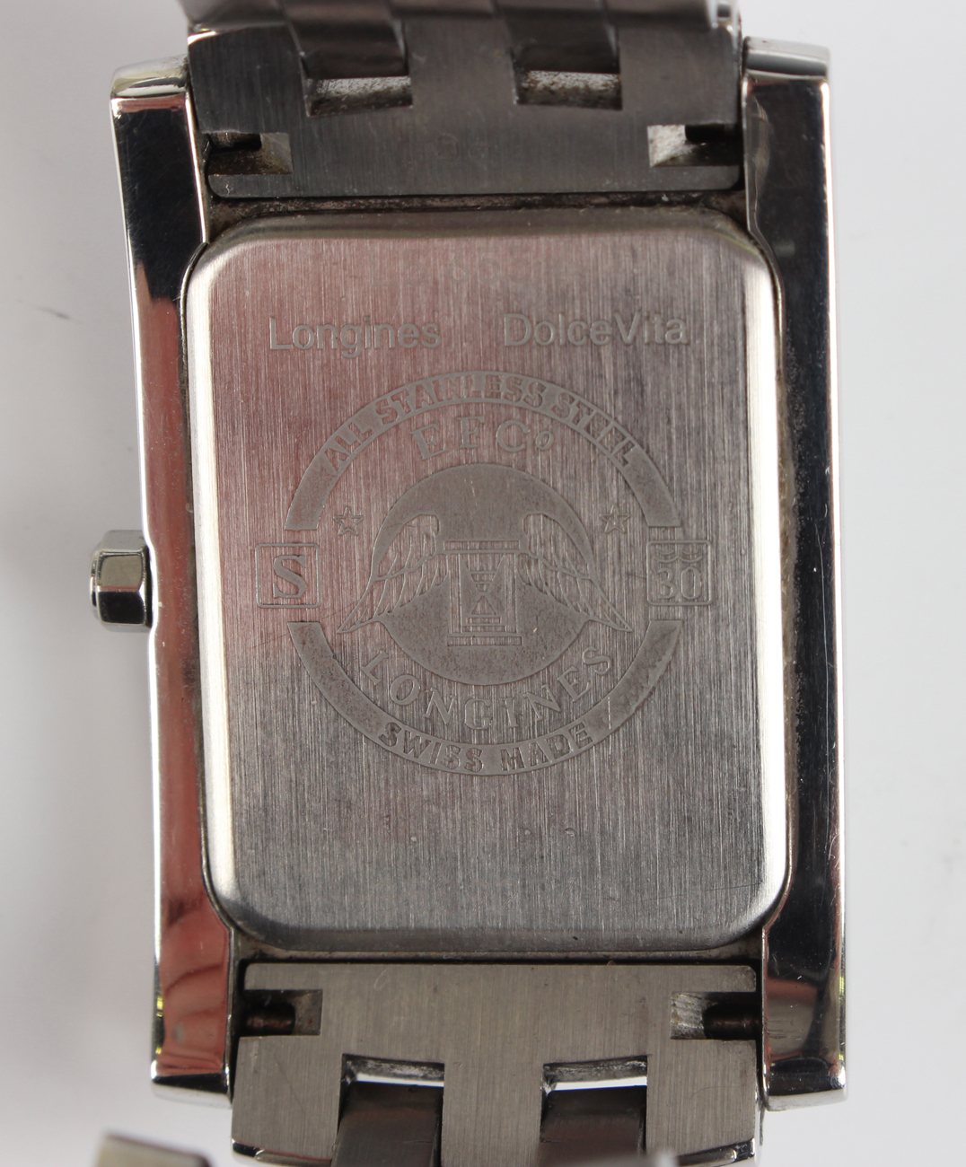 A Longines Dolce Vita steel rectangular cased gentleman's bracelet wristwatch, the signed white dial - Image 6 of 6