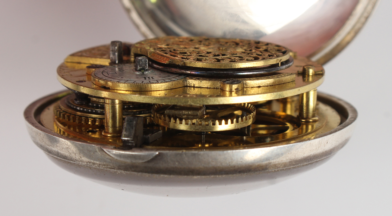 A George III silver pair cased keywind open-faced gentleman's pocket watch, the gilt fusee - Image 7 of 11