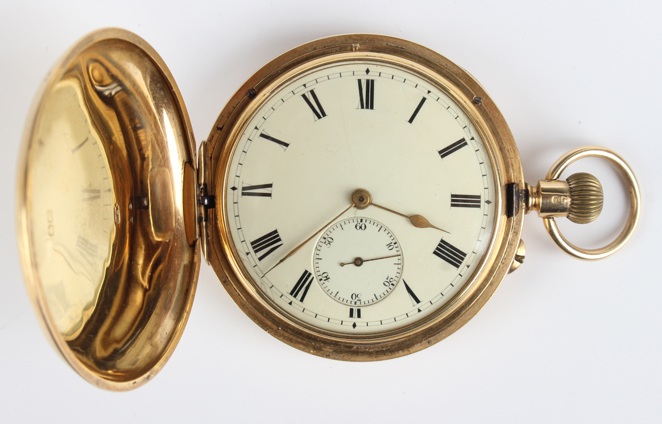 An 18ct gold keyless wind hunting cased gentleman's pocket watch, the three-quarter plate jewelled