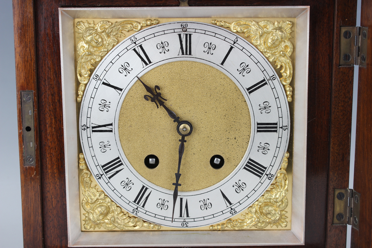 A late 19th century walnut mantel clock with Lenzkirch eight day movement striking on a gong, the - Image 8 of 8