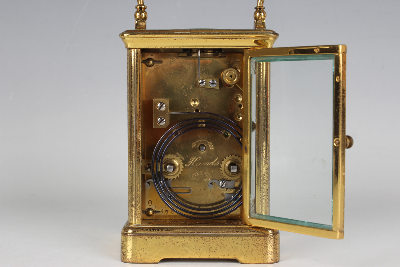 An early 20th century French lacquered brass cased carriage clock with eight day movement striking - Image 7 of 8