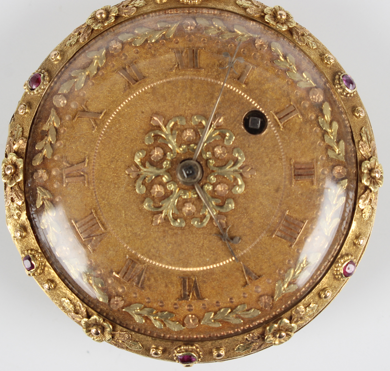 A two colour gold and ruby set keywind open-faced lady's fob watch, circa 1830, the gilt fusee - Image 8 of 8