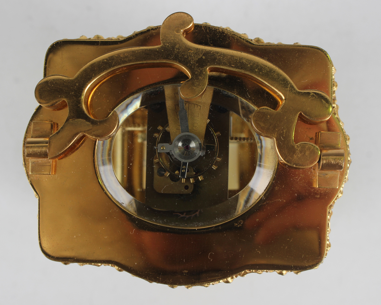 A late 19th/early 20th century French lacquered brass carriage timepiece with eight day movement, - Image 3 of 9