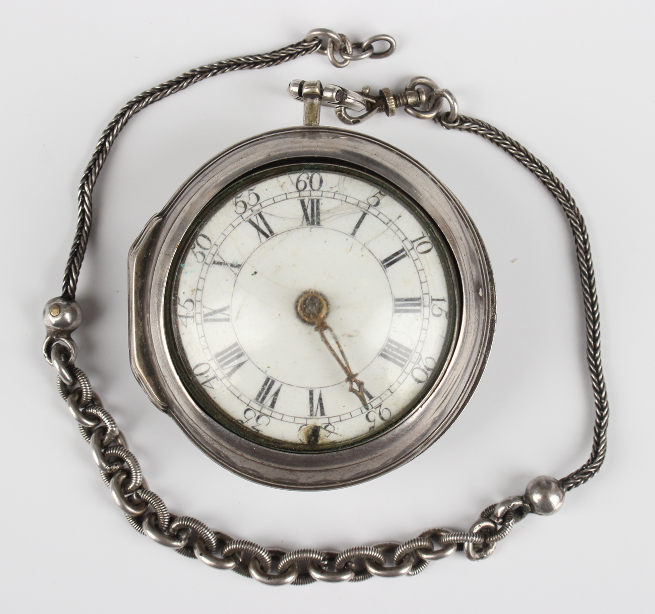 An early George III silver keywind open-faced pair cased gentleman's pocket watch, the gilt fusee