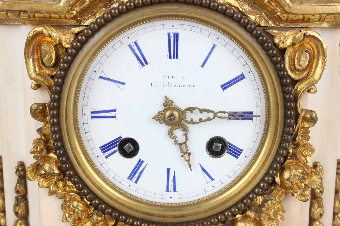 A late 19th century French brown patinated bronze, ormolu and white marble mantel clock, the eight - Image 9 of 9