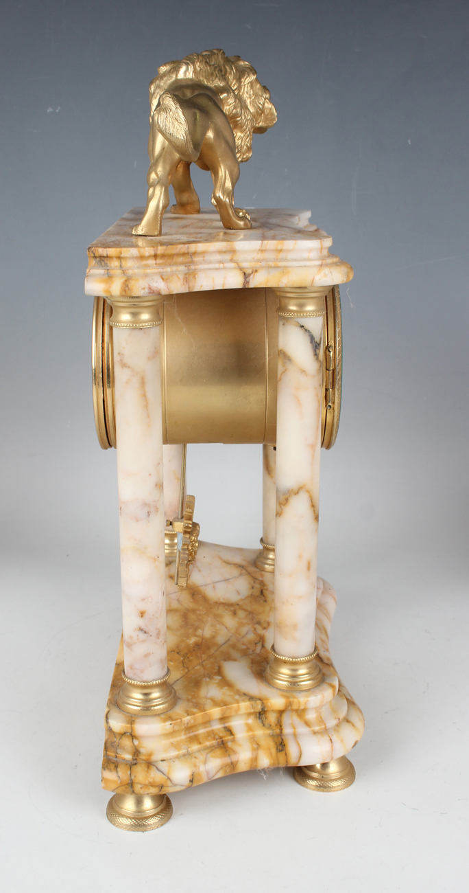 A late 19th/early 20th century gilt metal mounted marble portico clock with eight day movement - Image 3 of 10