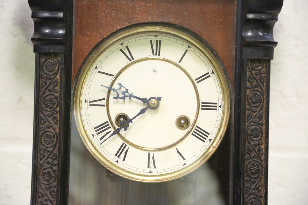 A late 19th century walnut cased Vienna style wall clock by Gustav Becker, height 124cm, together - Image 11 of 21