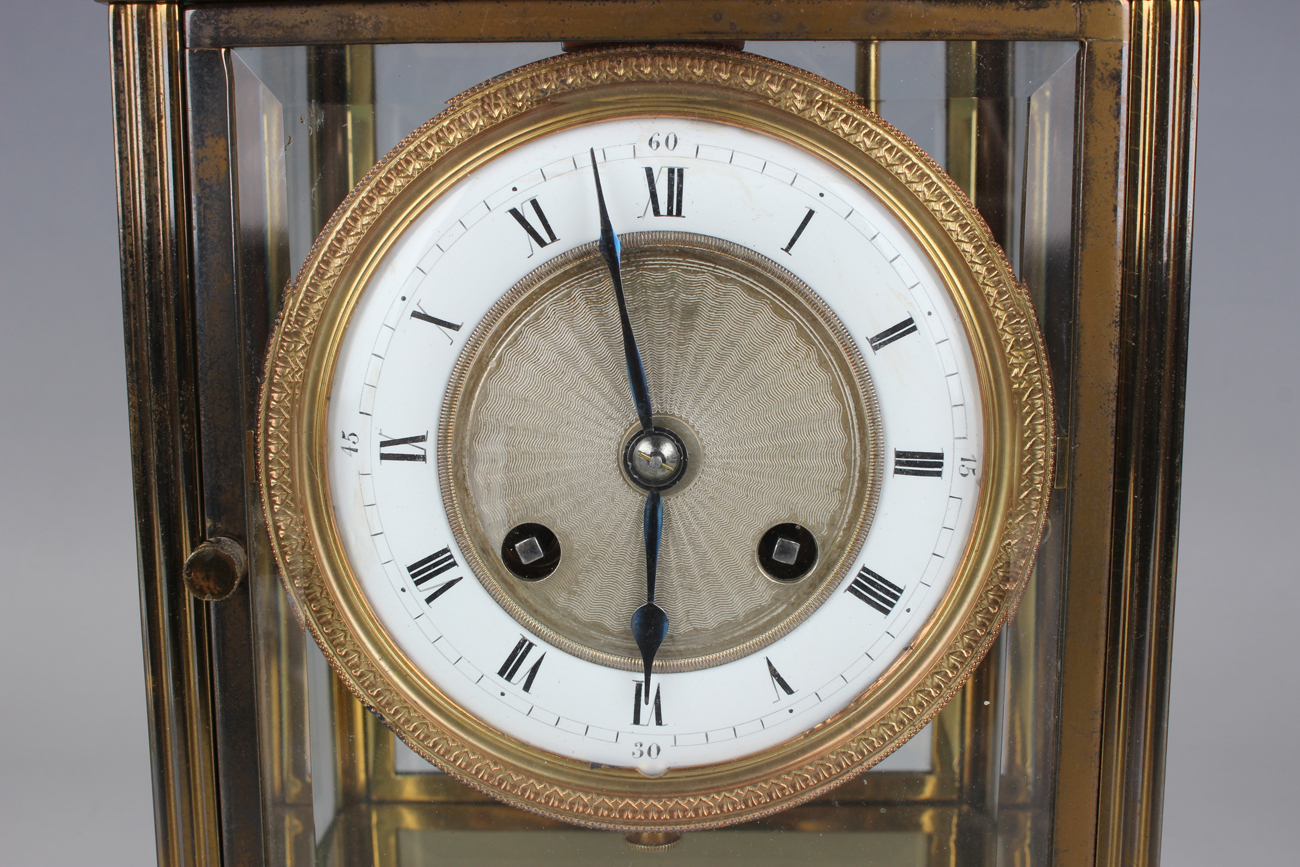 A 20th century French lacquered brass four glass mantel clock, the eight day movement with - Image 8 of 8