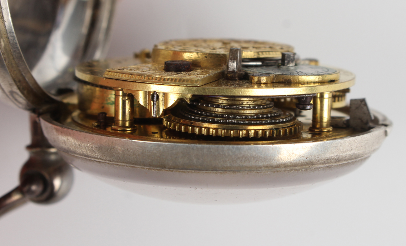 A George III silver pair cased keywind open-faced gentleman's pocket watch, the gilt fusee - Image 8 of 11