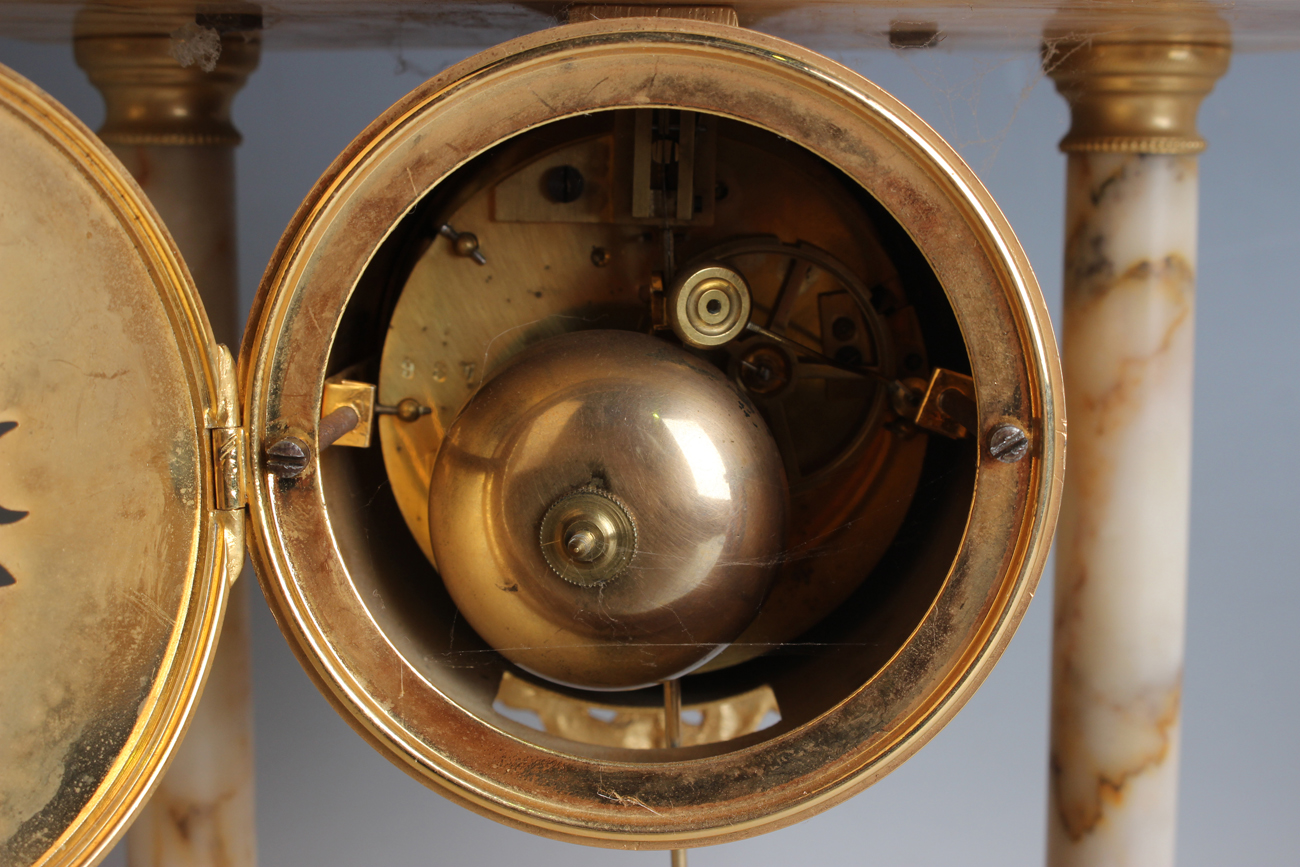 A late 19th/early 20th century gilt metal mounted marble portico clock with eight day movement - Image 6 of 10