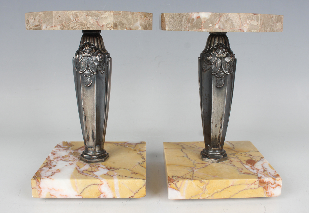A French Art Deco marble and silvered spelter mantel clock garniture, the timepiece with gilt oval - Image 3 of 9
